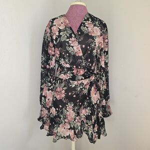 Dress Forum Womens M Black Pink Floral Wrap Mini Dress NWT‎ Sheer Sleeves